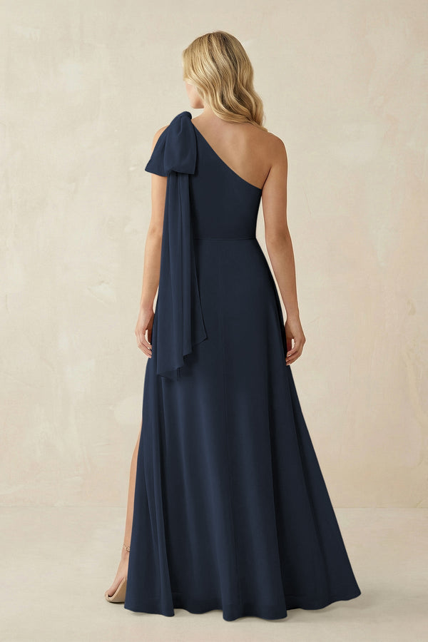 Ruffled One Shoulder Chiffon Bridesmaid Dress With Slit in Dark Navy - KissProm BRIDESMAID DRESSES