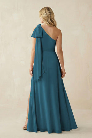 Ruffled One Shoulder Chiffon Bridesmaid Dress With Slit in Dark Teal - KissProm BRIDESMAID DRESSES