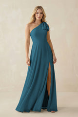 Ruffled One Shoulder Chiffon Bridesmaid Dress With Slit in Dark Teal - KissProm BRIDESMAID DRESSES