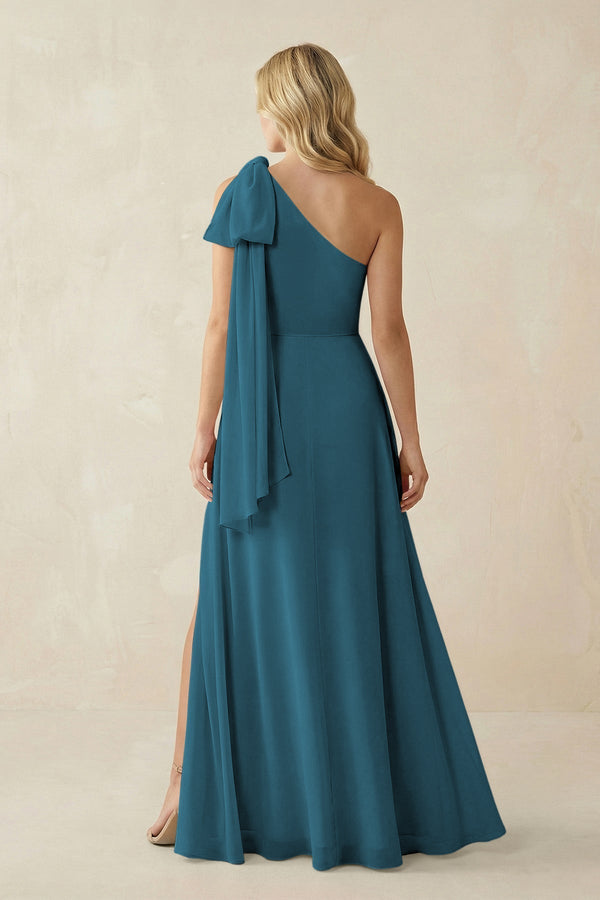 Ruffled One Shoulder Chiffon Bridesmaid Dress With Slit in Dark Teal - KissProm BRIDESMAID DRESSES