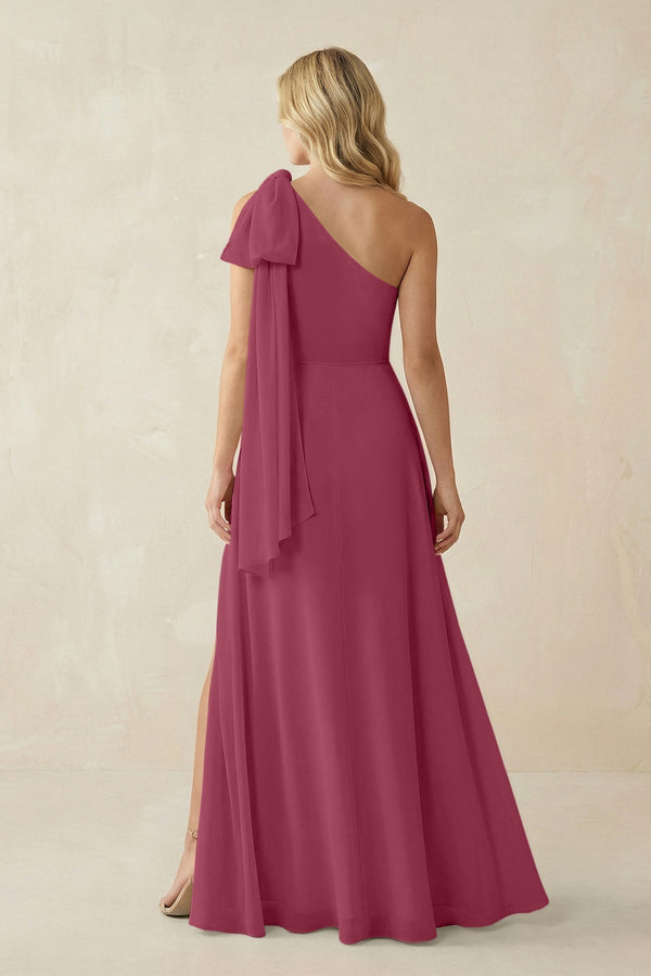 Ruffled One Shoulder Chiffon Bridesmaid Dress With Slit in Desert Rose - KissProm BRIDESMAID DRESSES