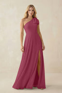 Ruffled One Shoulder Chiffon Bridesmaid Dress With Slit in Desert Rose - KissProm BRIDESMAID DRESSES