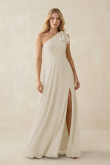 Ruffled One Shoulder Chiffon Bridesmaid Dress With Slit in Dove Gray - KissProm BRIDESMAID DRESSES
