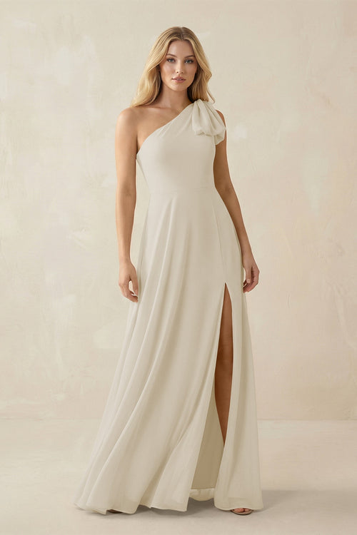 Ruffled One Shoulder Chiffon Bridesmaid Dress With Slit in Dove Gray - KissProm BRIDESMAID DRESSES