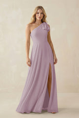 Ruffled One Shoulder Chiffon Bridesmaid Dress With Slit in Dusk - KissProm BRIDESMAID DRESSES
