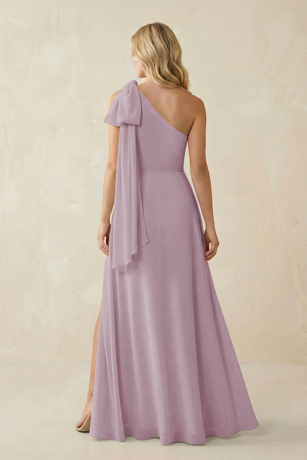 Ruffled One Shoulder Chiffon Bridesmaid Dress With Slit in Dusk - KissProm BRIDESMAID DRESSES