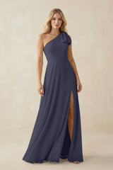 Ruffled One Shoulder Chiffon Bridesmaid Dress With Slit in Dusk Blue - KissProm BRIDESMAID DRESSES