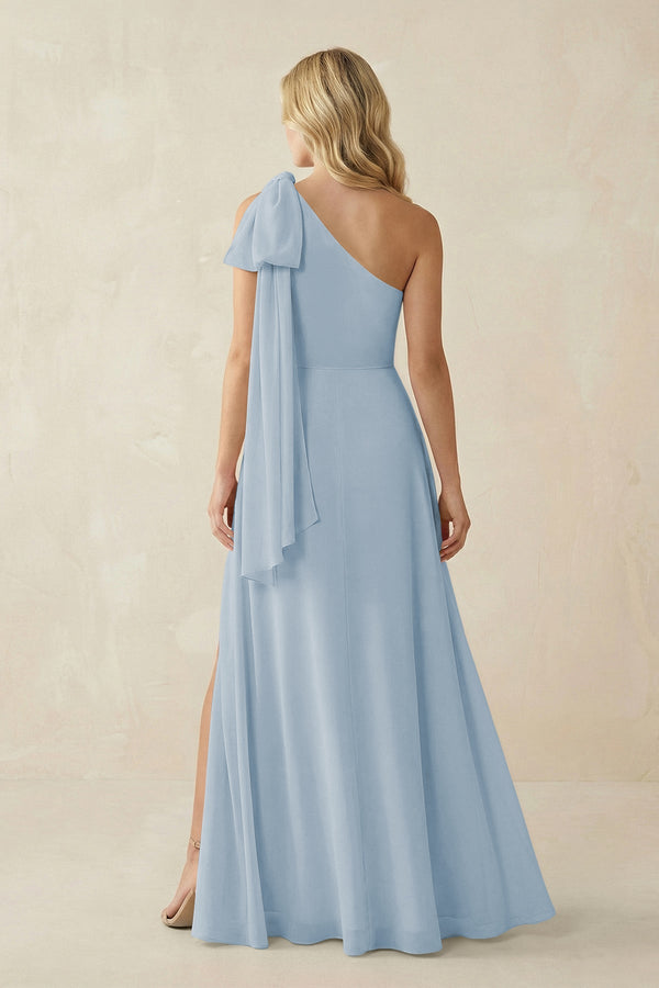 Ruffled One Shoulder Chiffon Bridesmaid Dress With Slit in Dusty Blue - KissProm BRIDESMAID DRESSES