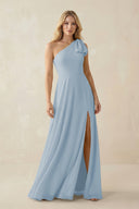 Ruffled One Shoulder Chiffon Bridesmaid Dress With Slit in Dusty Blue - KissProm BRIDESMAID DRESSES