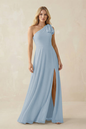 Ruffled One Shoulder Chiffon Bridesmaid Dress With Slit in Dusty Blue - KissProm BRIDESMAID DRESSES