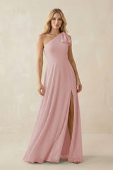 Ruffled One Shoulder Chiffon Bridesmaid Dress With Slit in Dusty Rose - KissProm BRIDESMAID DRESSES
