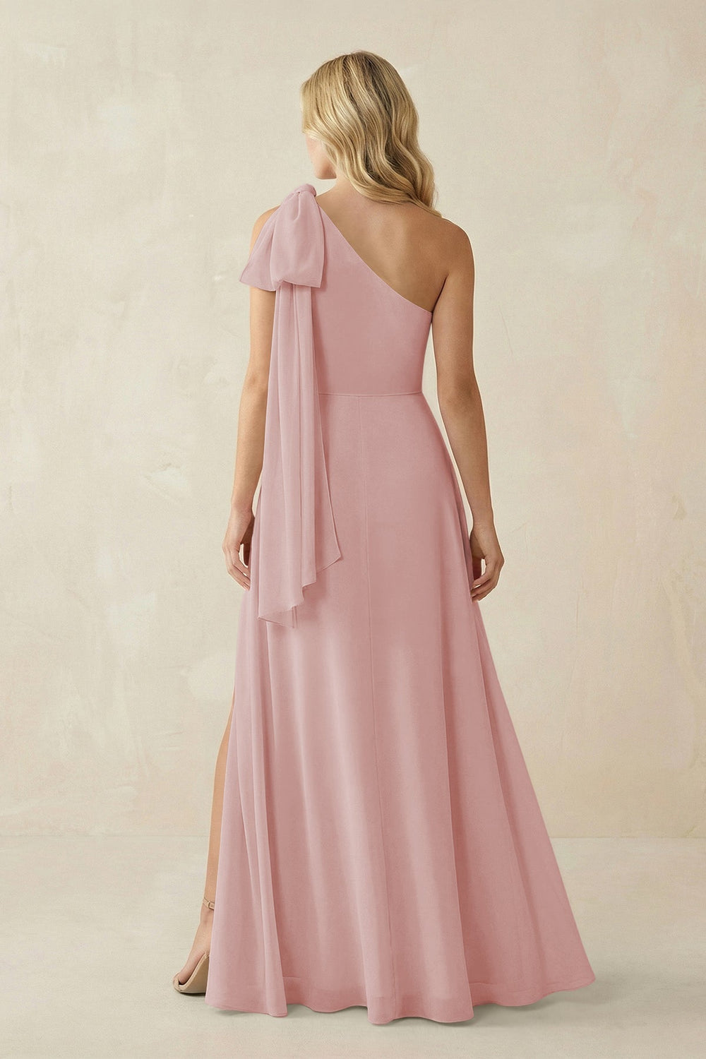 Ruffled One Shoulder Chiffon Bridesmaid Dress With Slit in Dusty Rose - KissProm BRIDESMAID DRESSES