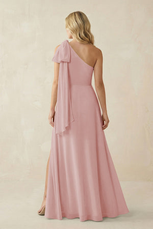 Ruffled One Shoulder Chiffon Bridesmaid Dress With Slit in Dusty Rose - KissProm BRIDESMAID DRESSES