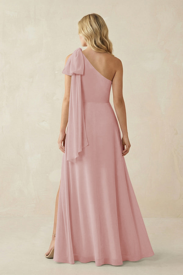 Ruffled One Shoulder Chiffon Bridesmaid Dress With Slit in Dusty Rose - KissProm BRIDESMAID DRESSES