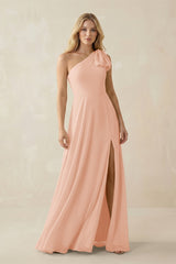 Ruffled One Shoulder Chiffon Bridesmaid Dress With Slit in English Rose - KissProm BRIDESMAID DRESSES