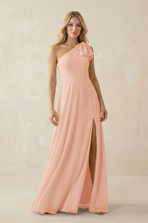 Ruffled One Shoulder Chiffon Bridesmaid Dress With Slit in English Rose - KissProm BRIDESMAID DRESSES