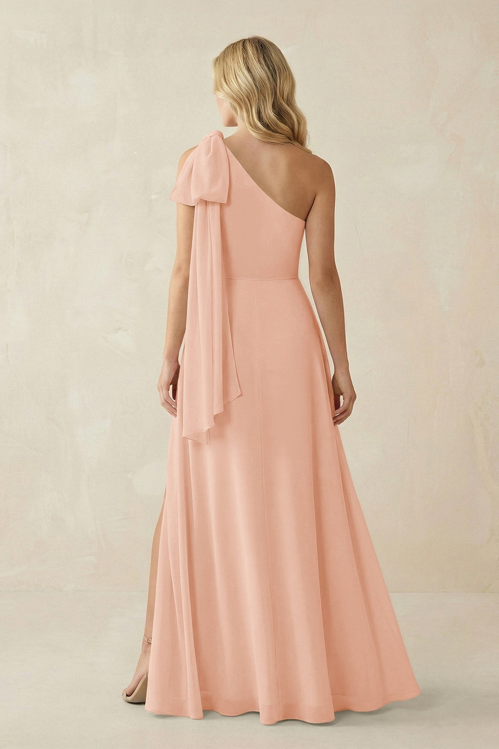 Ruffled One Shoulder Chiffon Bridesmaid Dress With Slit in English Rose - KissProm BRIDESMAID DRESSES