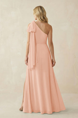 Ruffled One Shoulder Chiffon Bridesmaid Dress With Slit in English Rose - KissProm BRIDESMAID DRESSES