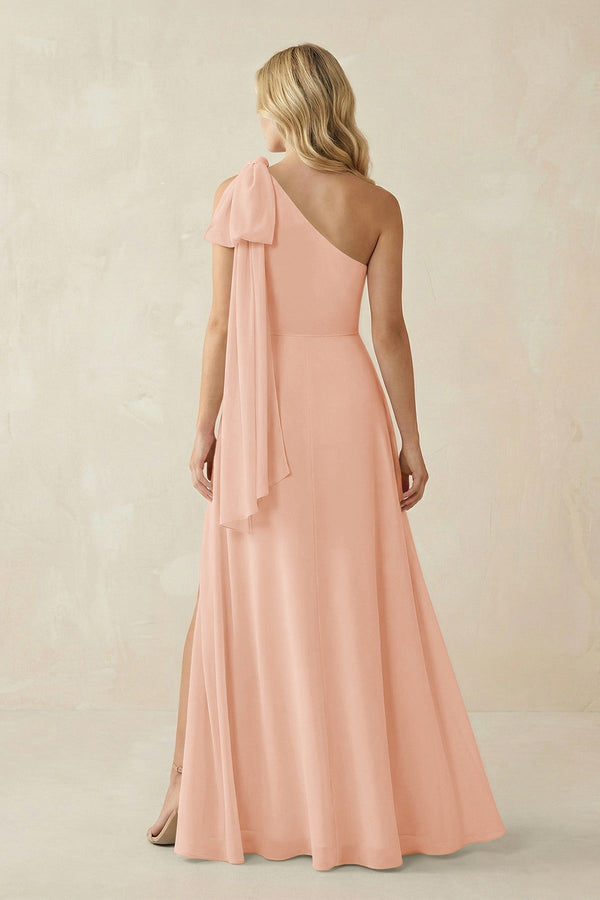 Ruffled One Shoulder Chiffon Bridesmaid Dress With Slit in English Rose - KissProm BRIDESMAID DRESSES