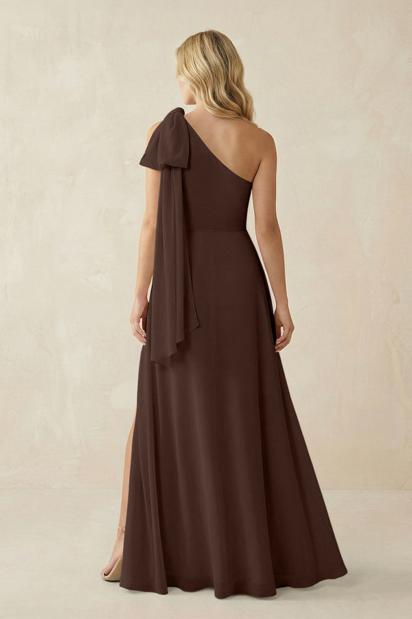Ruffled One Shoulder Chiffon Bridesmaid Dress With Slit in Espresso - KissProm BRIDESMAID DRESSES