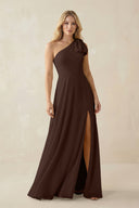 Ruffled One Shoulder Chiffon Bridesmaid Dress With Slit in Espresso - KissProm BRIDESMAID DRESSES