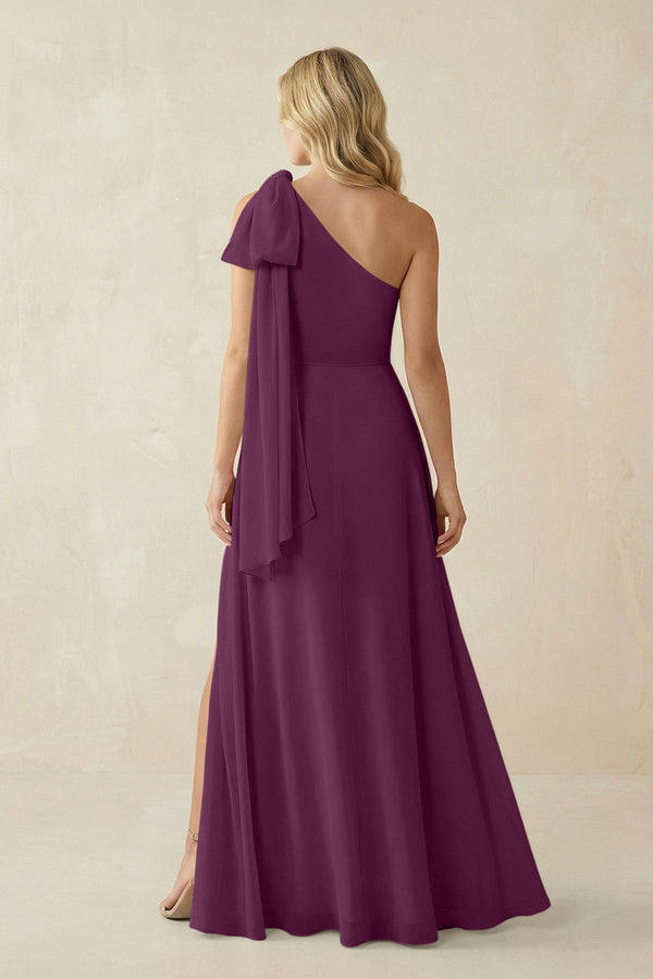 Ruffled One Shoulder Chiffon Bridesmaid Dress With Slit in Fig - KissProm BRIDESMAID DRESSES