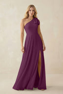 Ruffled One Shoulder Chiffon Bridesmaid Dress With Slit in Fig - KissProm BRIDESMAID DRESSES