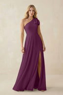 Ruffled One Shoulder Chiffon Bridesmaid Dress With Slit in Fig - KissProm BRIDESMAID DRESSES