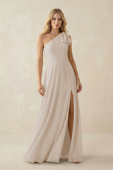 Ruffled One Shoulder Chiffon Bridesmaid Dress With Slit in Frost - KissProm BRIDESMAID DRESSES