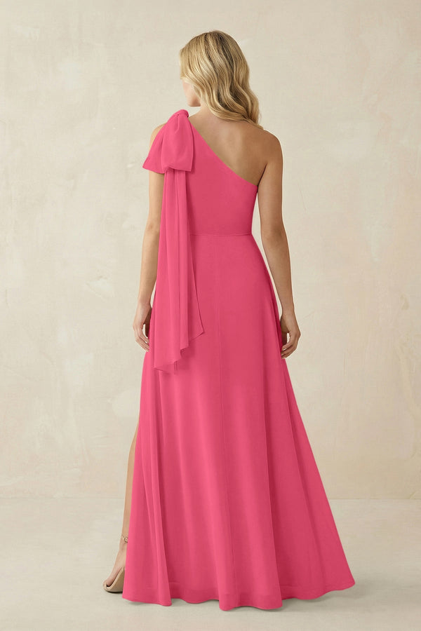 Ruffled One Shoulder Chiffon Bridesmaid Dress With Slit in Fuchsia - KissProm BRIDESMAID DRESSES