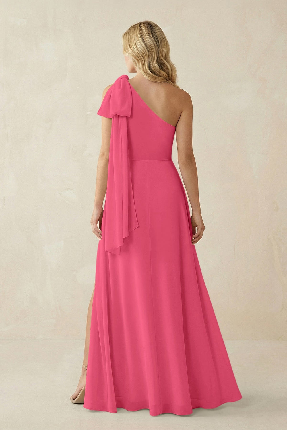 Ruffled One Shoulder Chiffon Bridesmaid Dress With Slit in Fuchsia - KissProm BRIDESMAID DRESSES