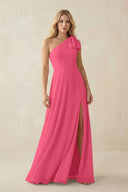 Ruffled One Shoulder Chiffon Bridesmaid Dress With Slit in Fuchsia - KissProm BRIDESMAID DRESSES