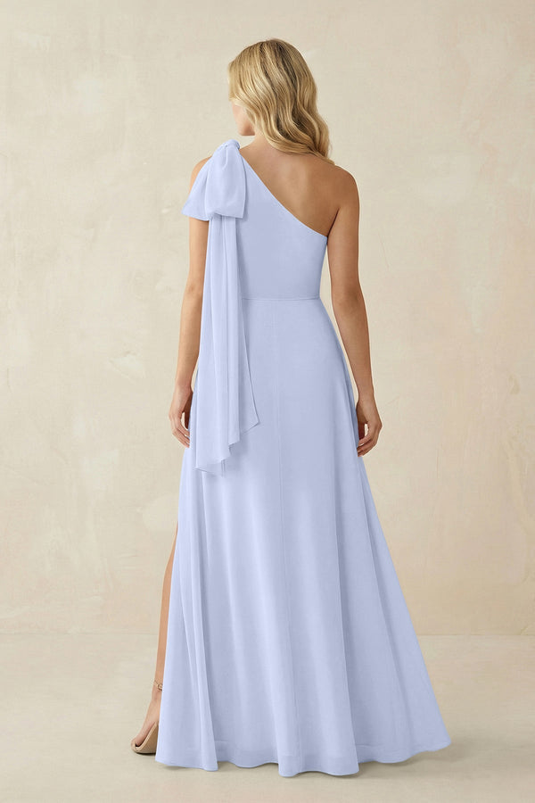 Ruffled One Shoulder Chiffon Bridesmaid Dress With Slit in Ice - KissProm BRIDESMAID DRESSES