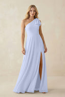 Ruffled One Shoulder Chiffon Bridesmaid Dress With Slit in Ice - KissProm BRIDESMAID DRESSES