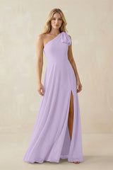 Ruffled One Shoulder Chiffon Bridesmaid Dress With Slit in Lavender - KissProm BRIDESMAID DRESSES