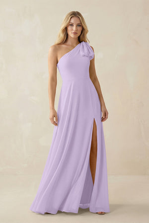 Ruffled One Shoulder Chiffon Bridesmaid Dress With Slit in Lavender - KissProm BRIDESMAID DRESSES