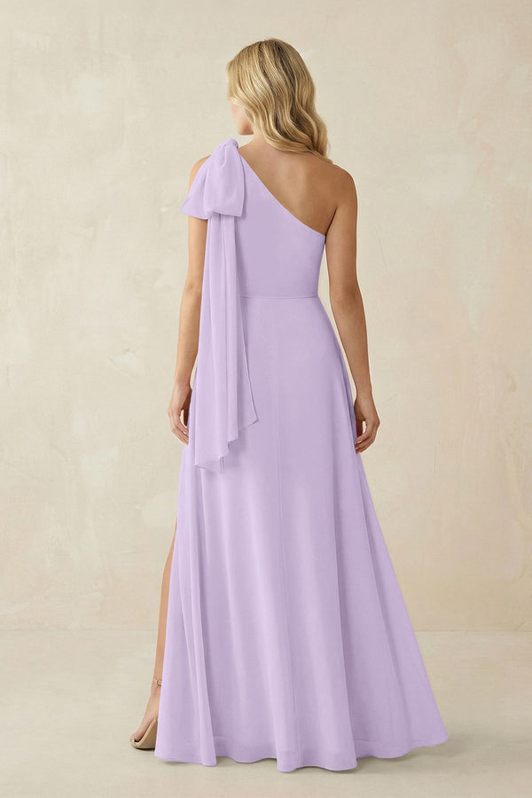 Ruffled One Shoulder Chiffon Bridesmaid Dress With Slit in Lavender - KissProm BRIDESMAID DRESSES