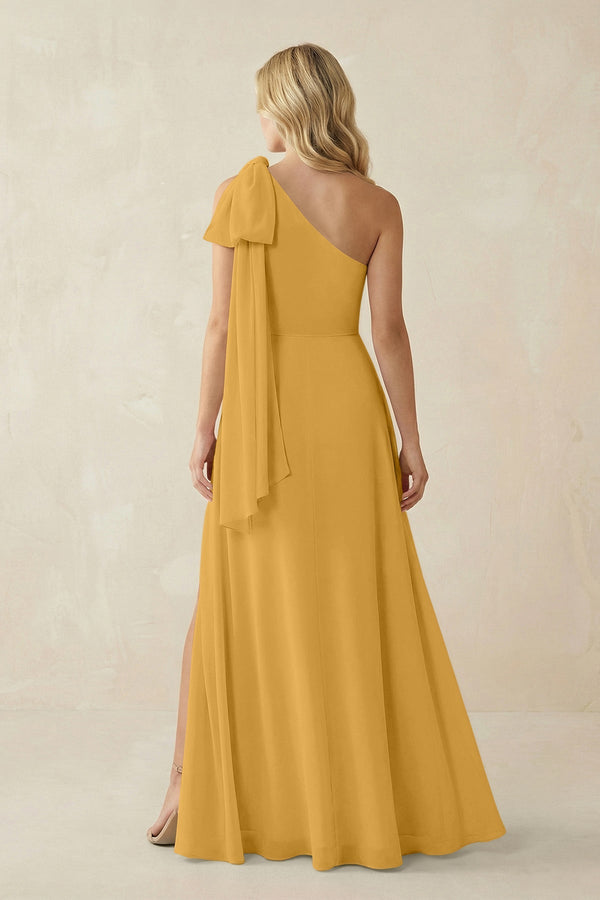 Ruffled One Shoulder Chiffon Bridesmaid Dress With Slit in Marigold - KissProm BRIDESMAID DRESSES