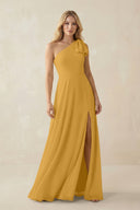 Ruffled One Shoulder Chiffon Bridesmaid Dress With Slit in Marigold - KissProm BRIDESMAID DRESSES