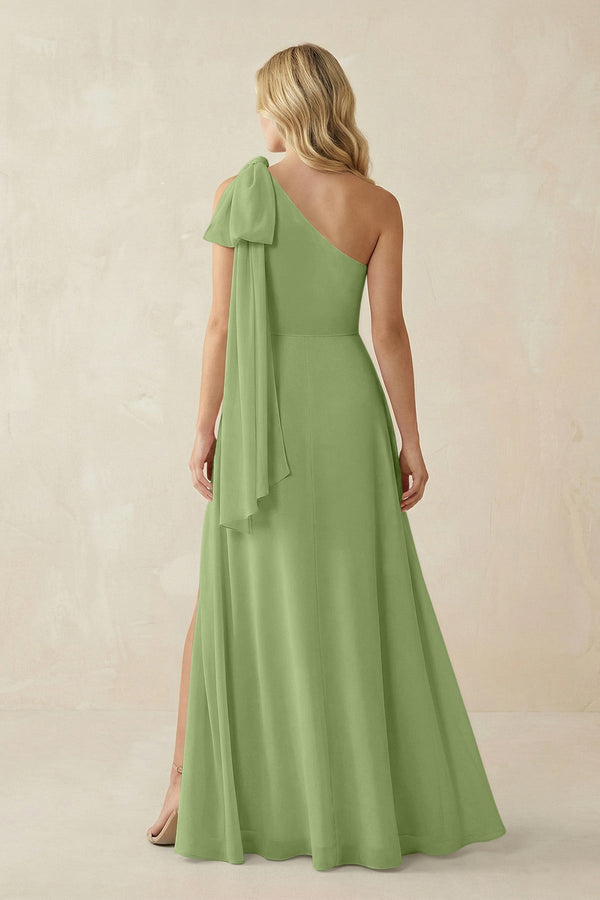 Ruffled One Shoulder Chiffon Bridesmaid Dress With Slit in Matcha - KissProm BRIDESMAID DRESSES