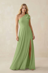 Ruffled One Shoulder Chiffon Bridesmaid Dress With Slit in Matcha - KissProm BRIDESMAID DRESSES