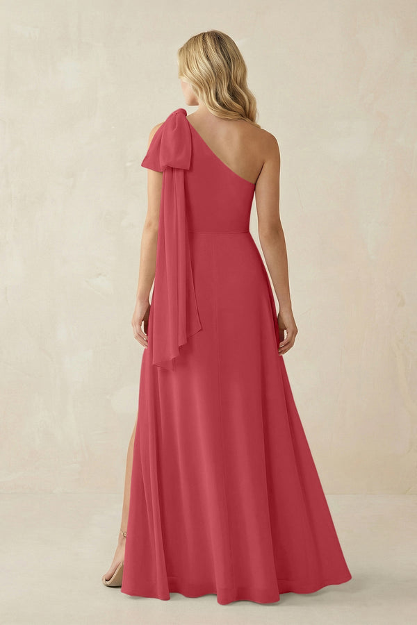 Ruffled One Shoulder Chiffon Bridesmaid Dress With Slit in Merlot - KissProm BRIDESMAID DRESSES