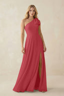 Ruffled One Shoulder Chiffon Bridesmaid Dress With Slit in Merlot - KissProm BRIDESMAID DRESSES