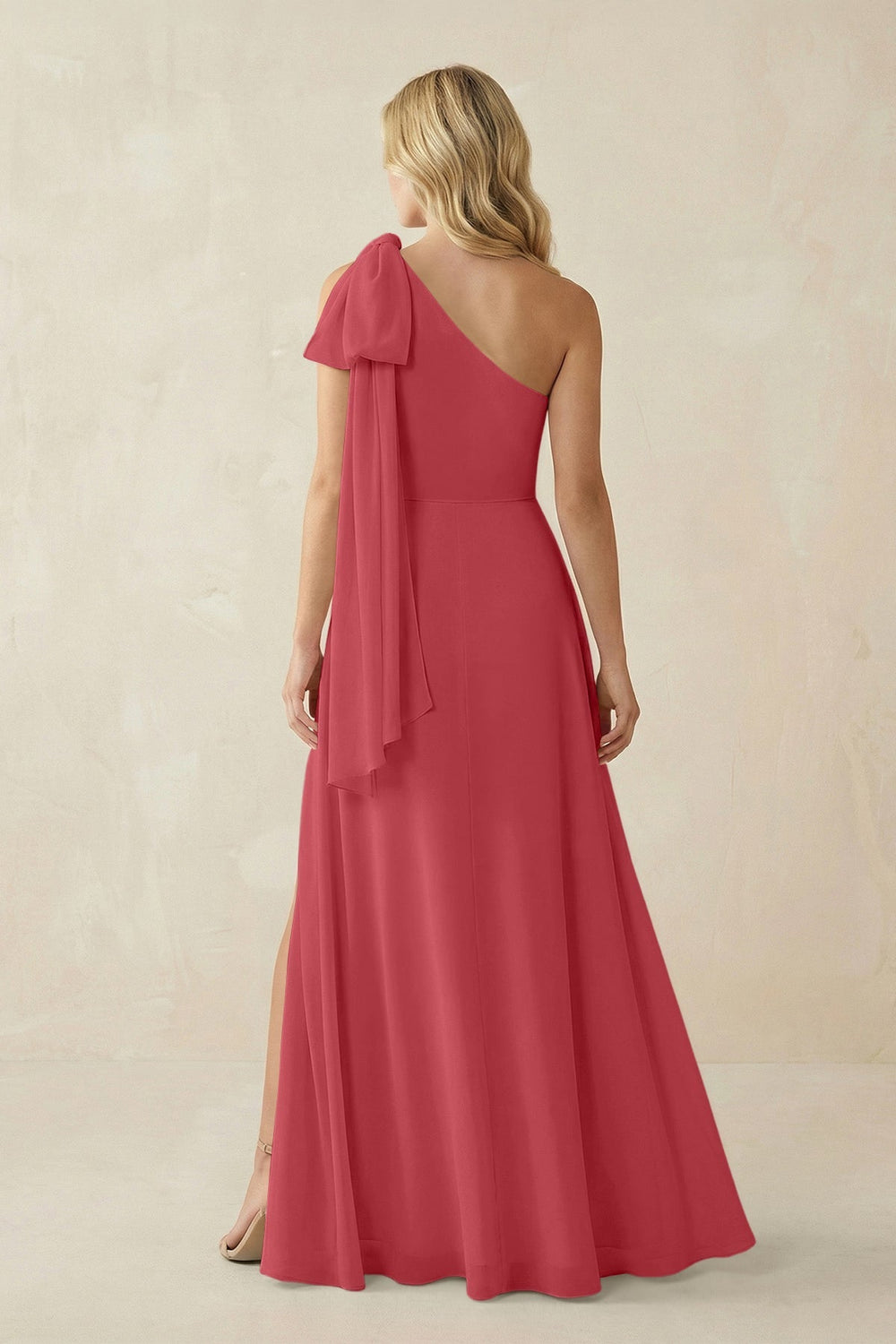 Ruffled One Shoulder Chiffon Bridesmaid Dress With Slit in Merlot - KissProm BRIDESMAID DRESSES