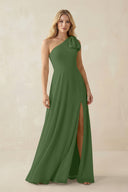 Ruffled One Shoulder Chiffon Bridesmaid Dress With Slit in Moss - KissProm BRIDESMAID DRESSES