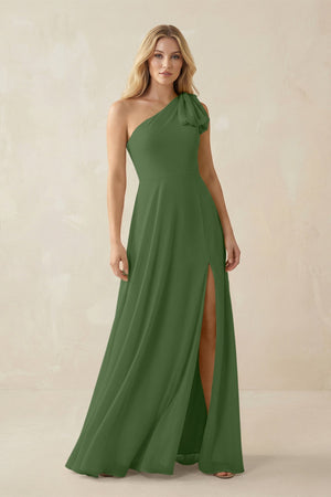 Ruffled One Shoulder Chiffon Bridesmaid Dress With Slit in Moss - KissProm BRIDESMAID DRESSES