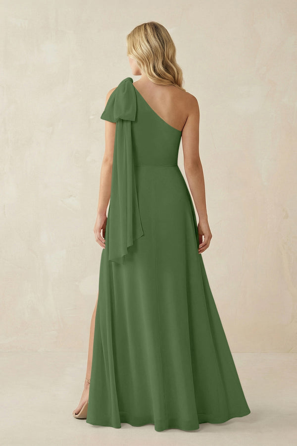 Ruffled One Shoulder Chiffon Bridesmaid Dress With Slit in Moss - KissProm BRIDESMAID DRESSES