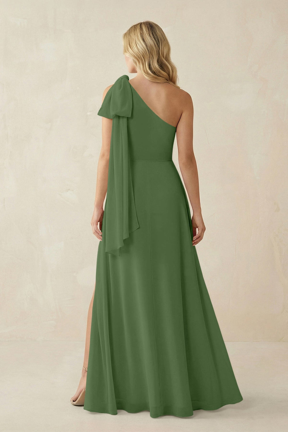 Ruffled One Shoulder Chiffon Bridesmaid Dress With Slit in Moss - KissProm BRIDESMAID DRESSES