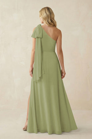 Ruffled One Shoulder Chiffon Bridesmaid Dress With Slit in Moss Green - KissProm BRIDESMAID DRESSES