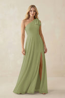 Ruffled One Shoulder Chiffon Bridesmaid Dress With Slit in Moss Green - KissProm BRIDESMAID DRESSES